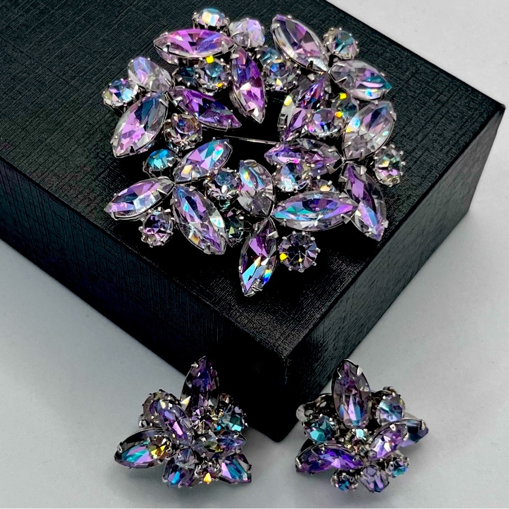 Sherman VTG 60’s signed Demi Parure Brooch Earrings Silver Crystal